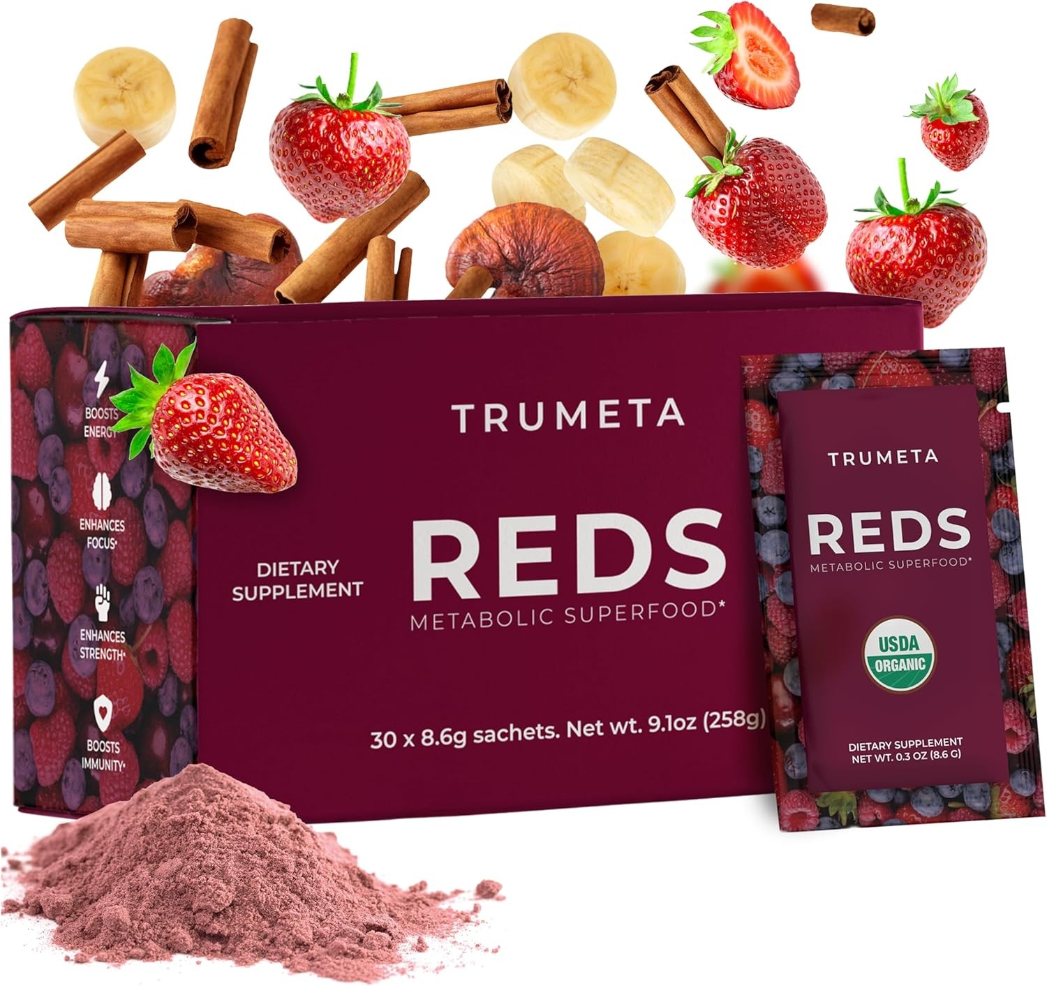 Superfood Reds Powder Packs - 30 Packet Servings for Immune Support and Memory I Reds Superfood Powder Antioxidants Polyphenols Blend with Organic Acai Berry, Goji Berry, Pomegranate