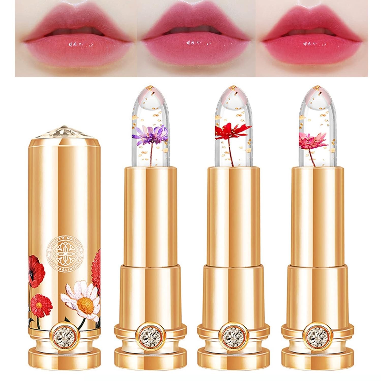 3 Colors Crystal Flower Jelly Lipstick Set,Magic Temperature Color Changing Lip Gloss PH Lipstick Color Changing Jelly Lipstick Waterproof Moisturizer Lip Balm (#1+#2+#3)
