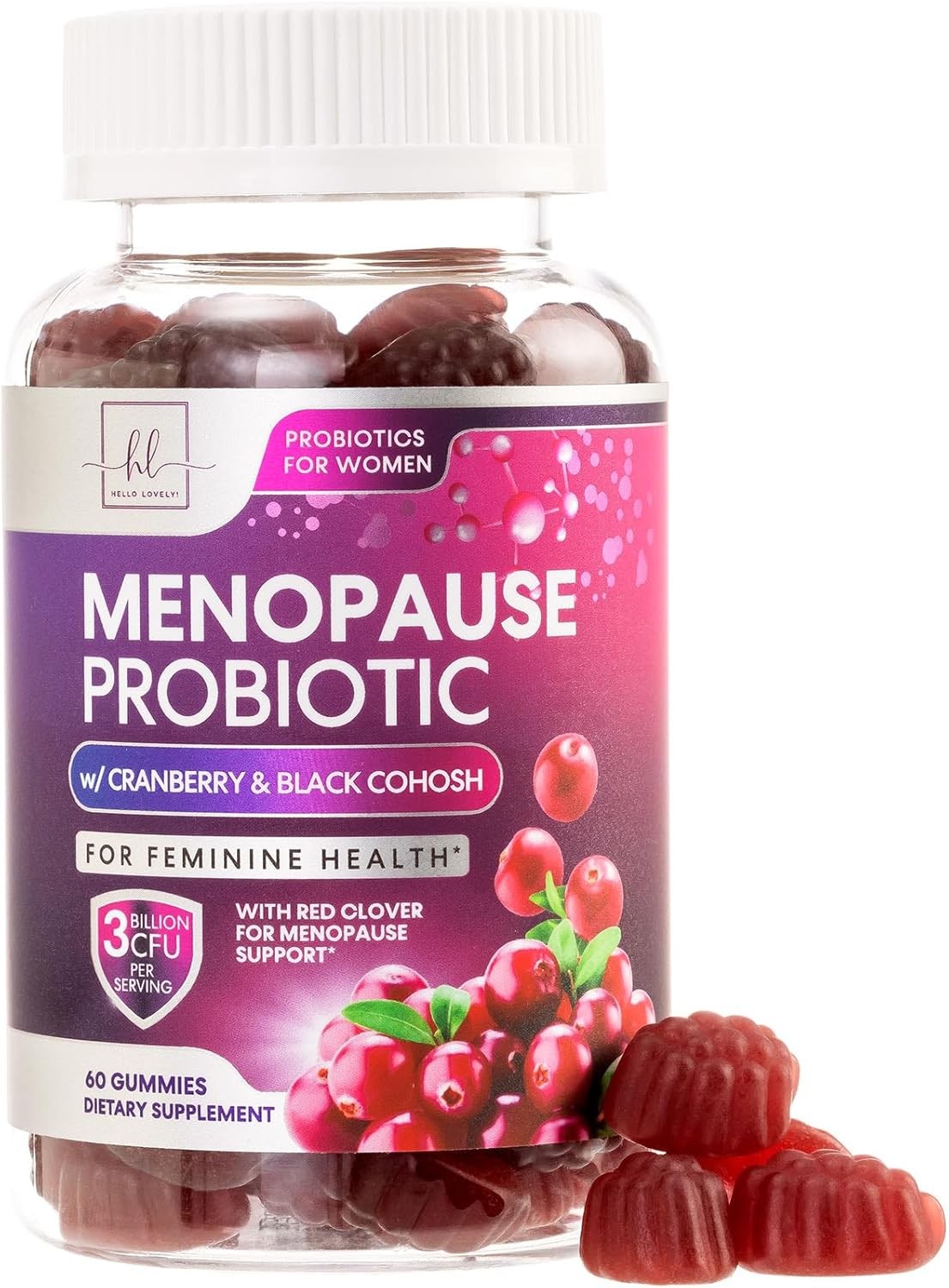 Menopause Probiotics for Women Gummy with Cranberry & Black Cohosh, 3 Billion CFU, Natural Menopause Relief for Hot Flashes, Night Sweats, Mood Swings, Immune Support Probiotic Supplement - 60 Gummies