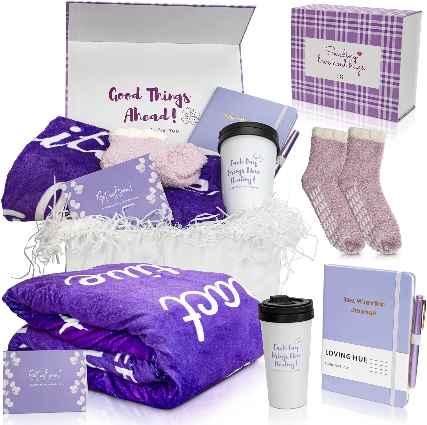 Chemo Care Package for Women, Cancer Care Packages for Women Purple, Gifts for Cancer Patients, Get Well Soon Gift Basket Includes Travel Mug, Healing Blanket 47”x71”