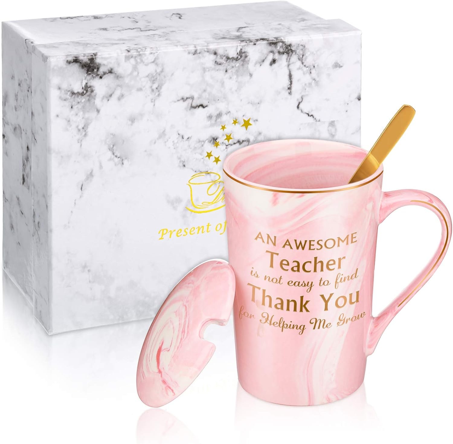 Teacher Gifts for Women Funny Graduation Christmas Thank You Teacher Coffee Mug, New Teacher Gifts for Appreciation Birthday Favor, 14 oz Coffee Marble Mug with Gift Box and Gold Spoon(Pink)