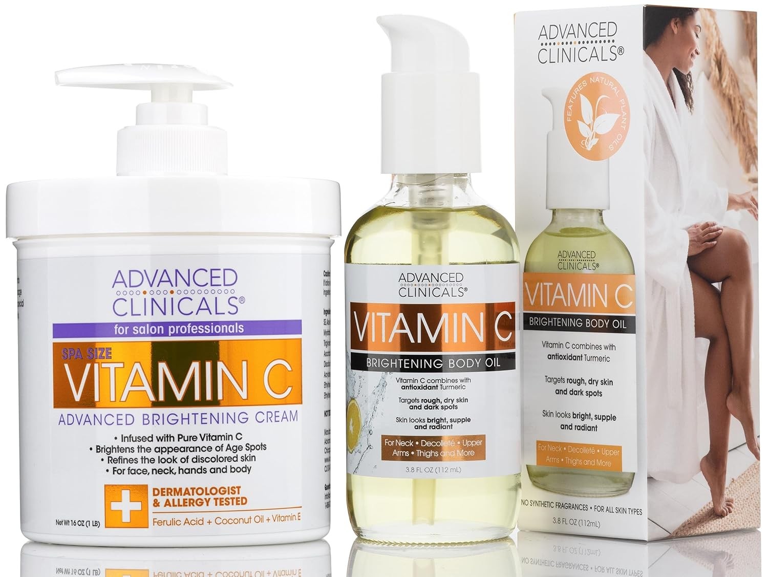 Advanced Clinicals Brightening Vitamin C Cream Moisturizer + Vitamin C Body Oil Skin Care Set | Nourishing, Brightening, & Hydrating Body Oil & Body Lotion For Dark Spots, Dry Skin, & Stretch Marks
