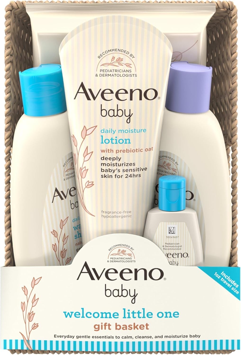 Aveeno Baby Welcome Little One Gift Basket, Baby Skincare Set with Nourishing Baby Body Wash & Shampoo, Calming Bath Wash, All Over Baby Wipes, & Daily Moisturizing Lotion, 5 Items