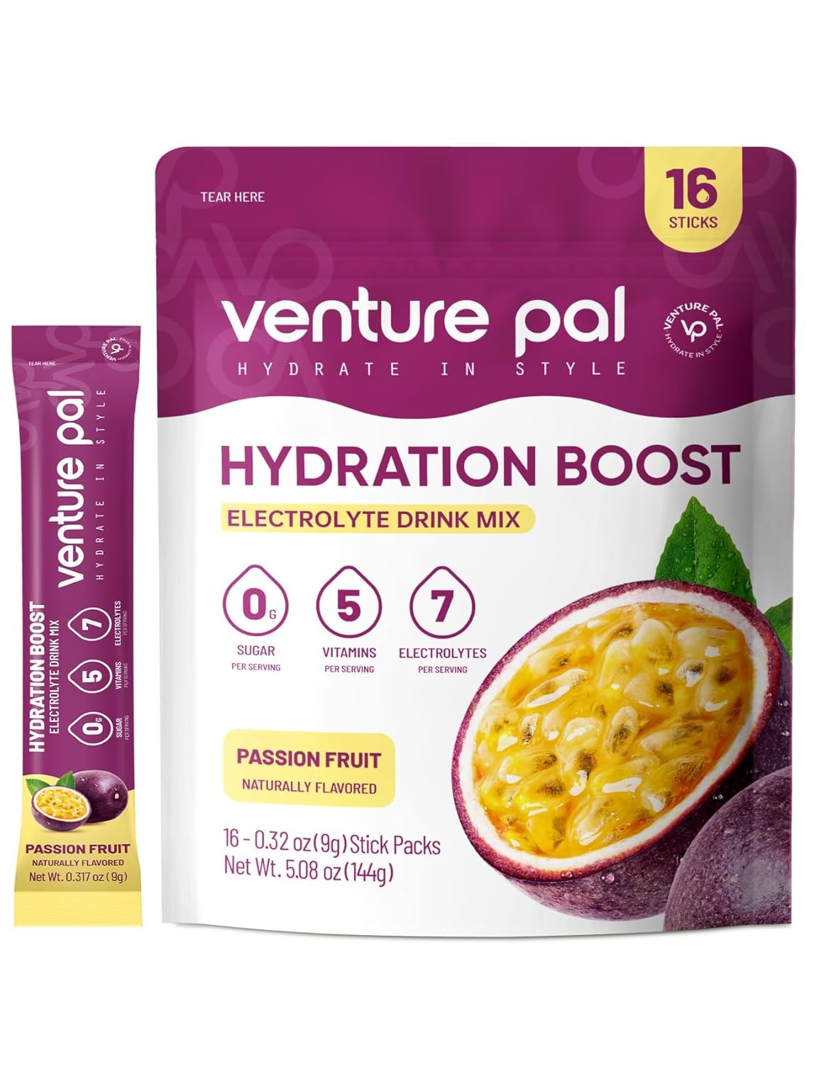 Venture Pal Sugar Free Electrolyte Powder Packets - Liquid Daily IV Drink Mix for Rapid Hydration & Party Recovery | 5 Vitamins & 7 Electrolytes| Keto Friendly | Non-GMO | Certified Vegan | 16 Sticks