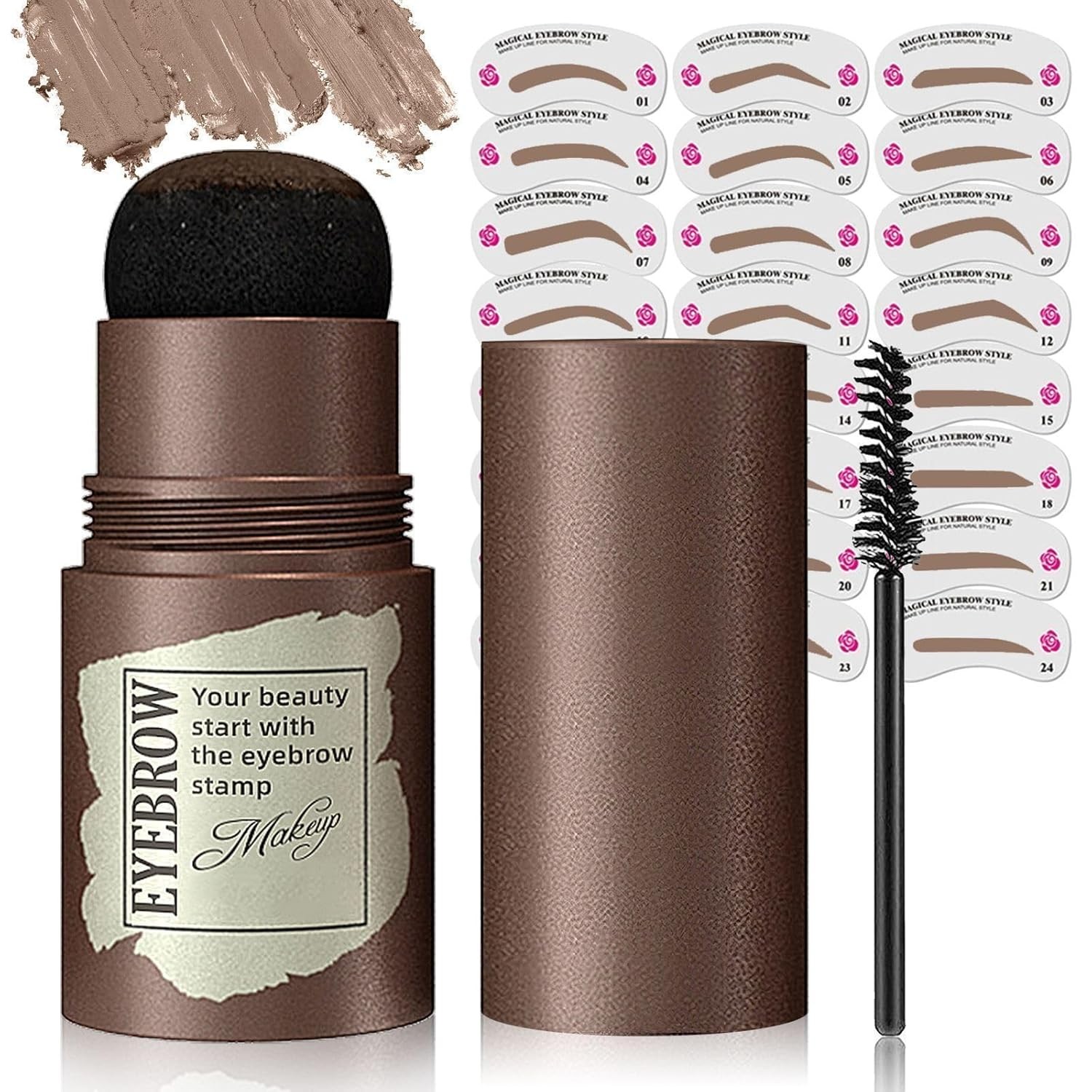 Eyebrow Stamp Stencil Kit - Long-Lasting Eye Brow Stencil Kits with Eyebrow Blush, Waterproof Brow Shaping Kit with 24 Reusable Thin & Thick Eyebrow Stencils for Perfect & Natural Brow (Light Brown)