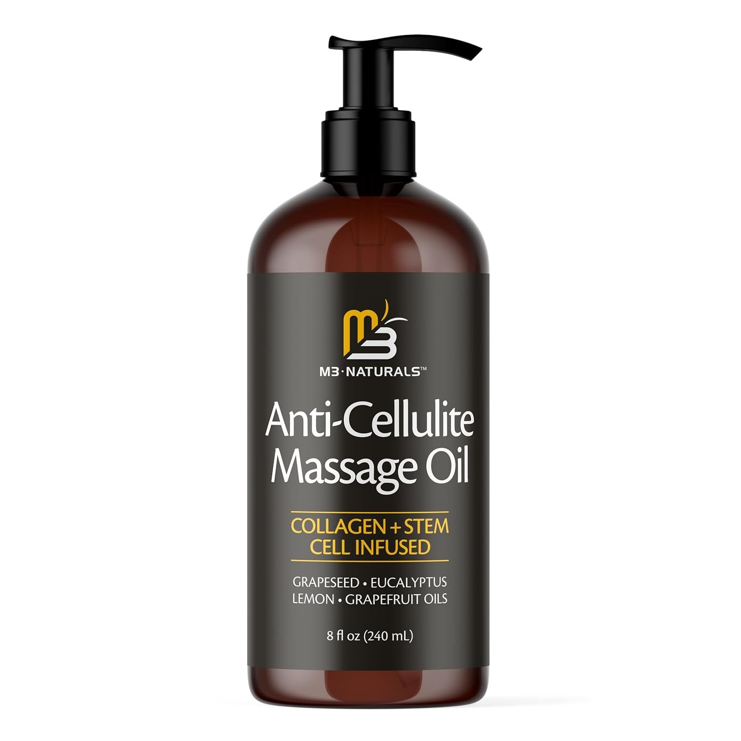 Anti Cellulite Massage Oil and Sore Muscle Body Oil | Massage Oil for Massage Therapy | Collagen and Stem Cell Skin Tightening Cellulite Cream and Massage Lotion for Women 8 Fl Oz by M3 Naturals