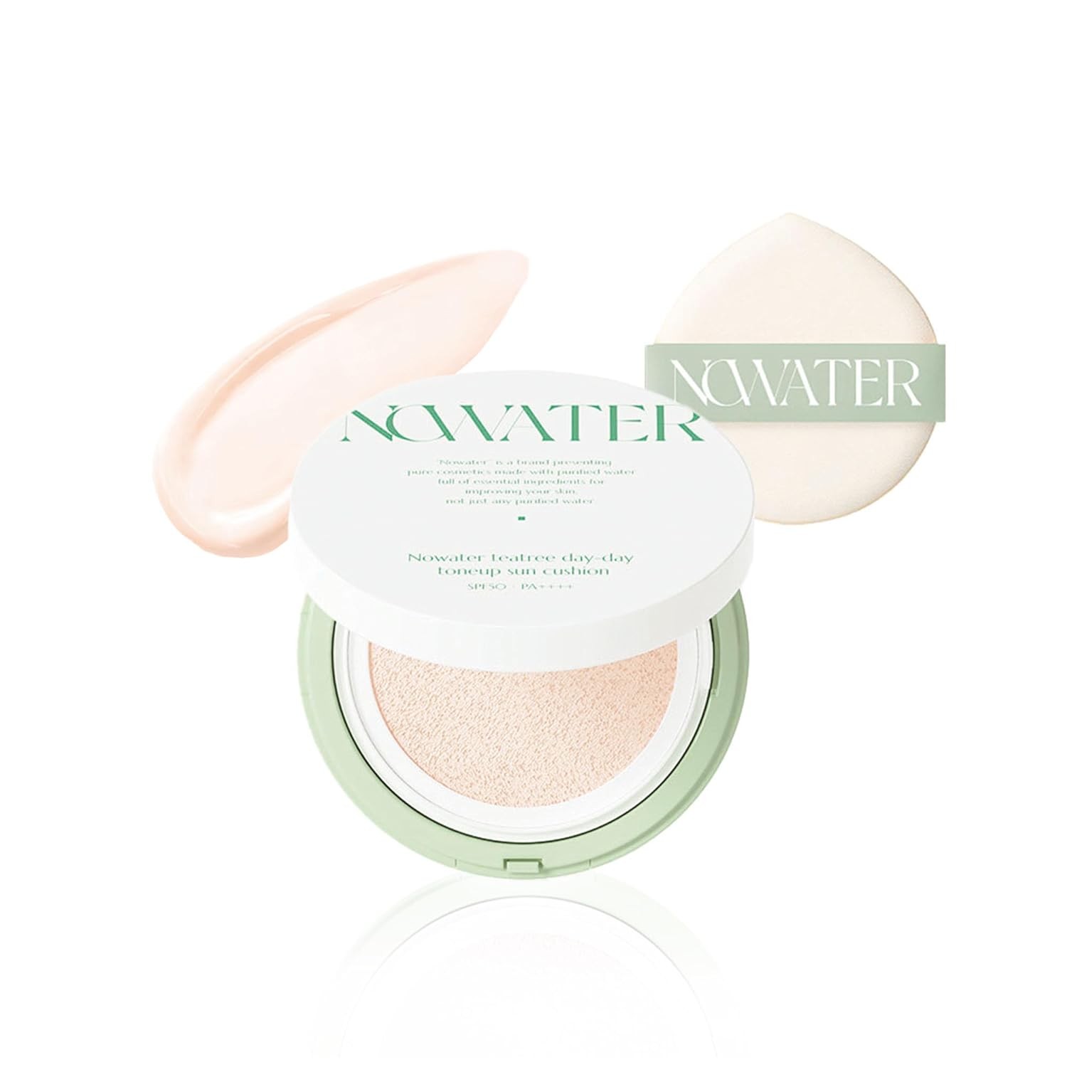 NOWATER Tea Tree Day-day Tone-up Sun Cushion (SPF50+, PA++++) | Sun Protection | #23 Cushion Foundation | Hyaluronic Acid, Niacinamide | Korean Make up for face (0.88 fl.oz) (#23 Natural light)