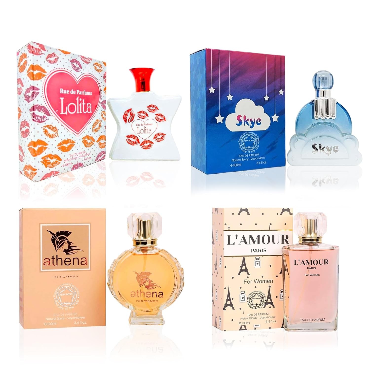 META-BOSEM Rue Parfums Lolita+Skye+Athena+L'Amour Paris Perfume Set Collection for Women - Fragrance for Ladies, Eau de Parfum Spray - Sweet Floral Scent (Pack of 4) Each 3.4 Fl Oz, Total 13.60 Oz