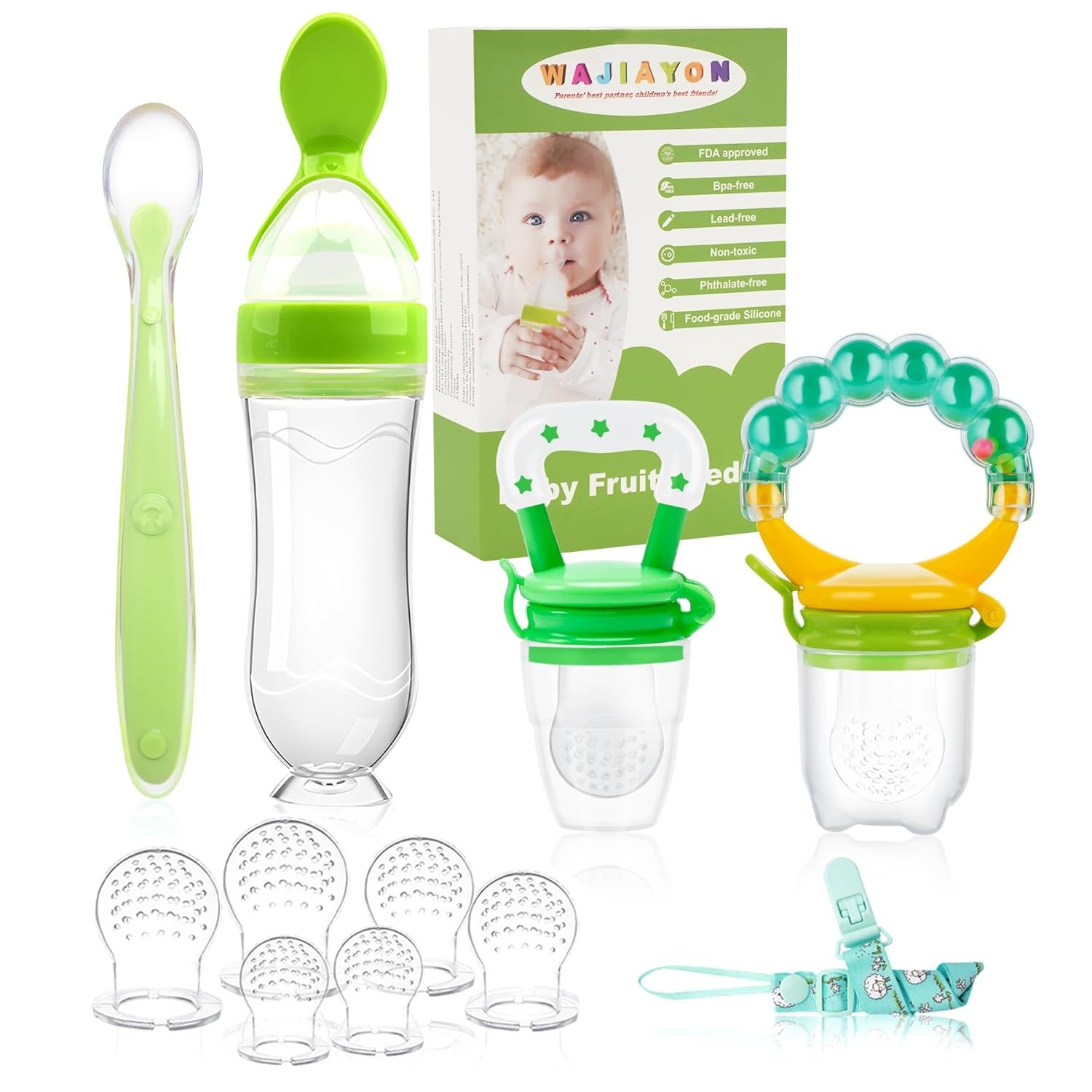 WAJIAYON Baby Fruit Feeder Pacifier - 12 Pack | 2 Baby Fruit Food Feeder Pacifier & 1 Baby Food Dispensing Spoon | Fresh Fruit Teethers for Babies | Silicone Feeder Baby,Mesh Baby Feeder (Green)