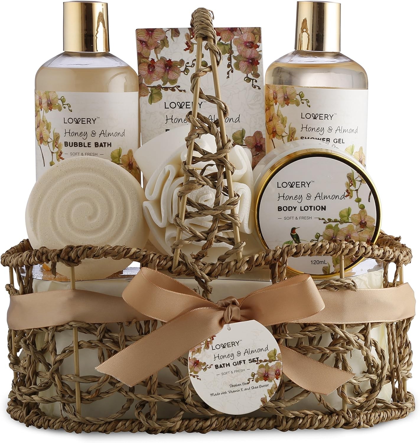 Womens Gifts for Christmas Gift Baskets for Women Who Have Everything, Home Spa Honey & Almond Scent - Luxury Bath & Body Set With Shower Gel, Bubble Bath, Body Lotion, Bath Salt, Bath Bomb, Bath Puff