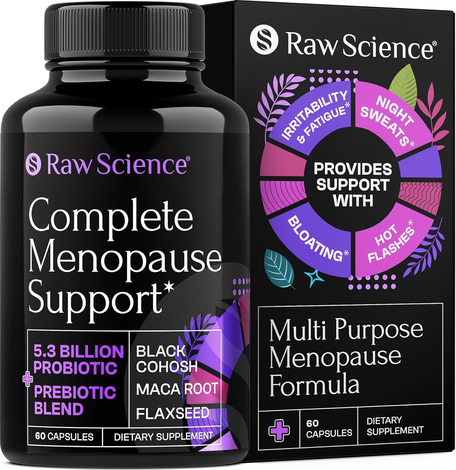Menopause Supplements for Women - Black Cohosh for Menopause Hot Flashes & Hormone Balance with DIM, Vitex, Dong Quai, Red Clover - Pre / Probiotics for Women's Vaginal & Digestive Health, 60 Capsules