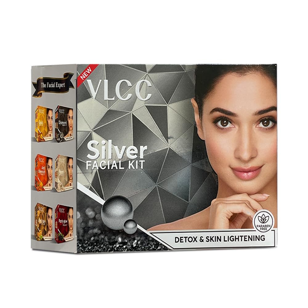 VLCC Natural Silver Facial Kit - Single Use | Salon Like Facial at Home in Just 6-Steps | Includes Cleanser, Scrub, Cream, Face Pack & Oil Free Gels | 2.12 Oz/60g