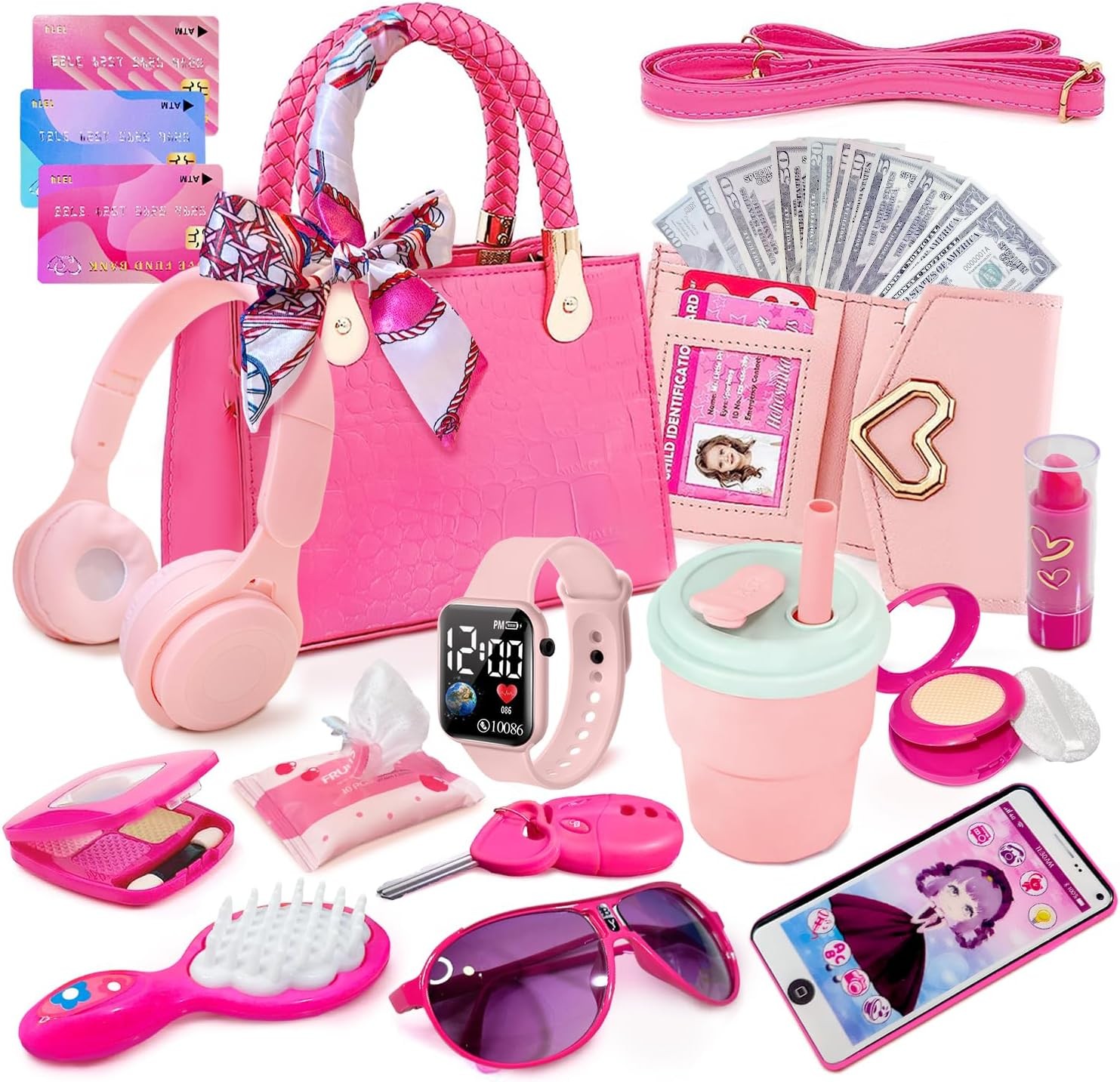 Little Girl Purse with Pretend Makeup for Toddlers, Kids Play Purse Set - Includes Handbag, Pretend Play Headset, Wallet, Phones, Sunglasses, Keys, Credit Cards, Birthday Gift for Girls Age 3+