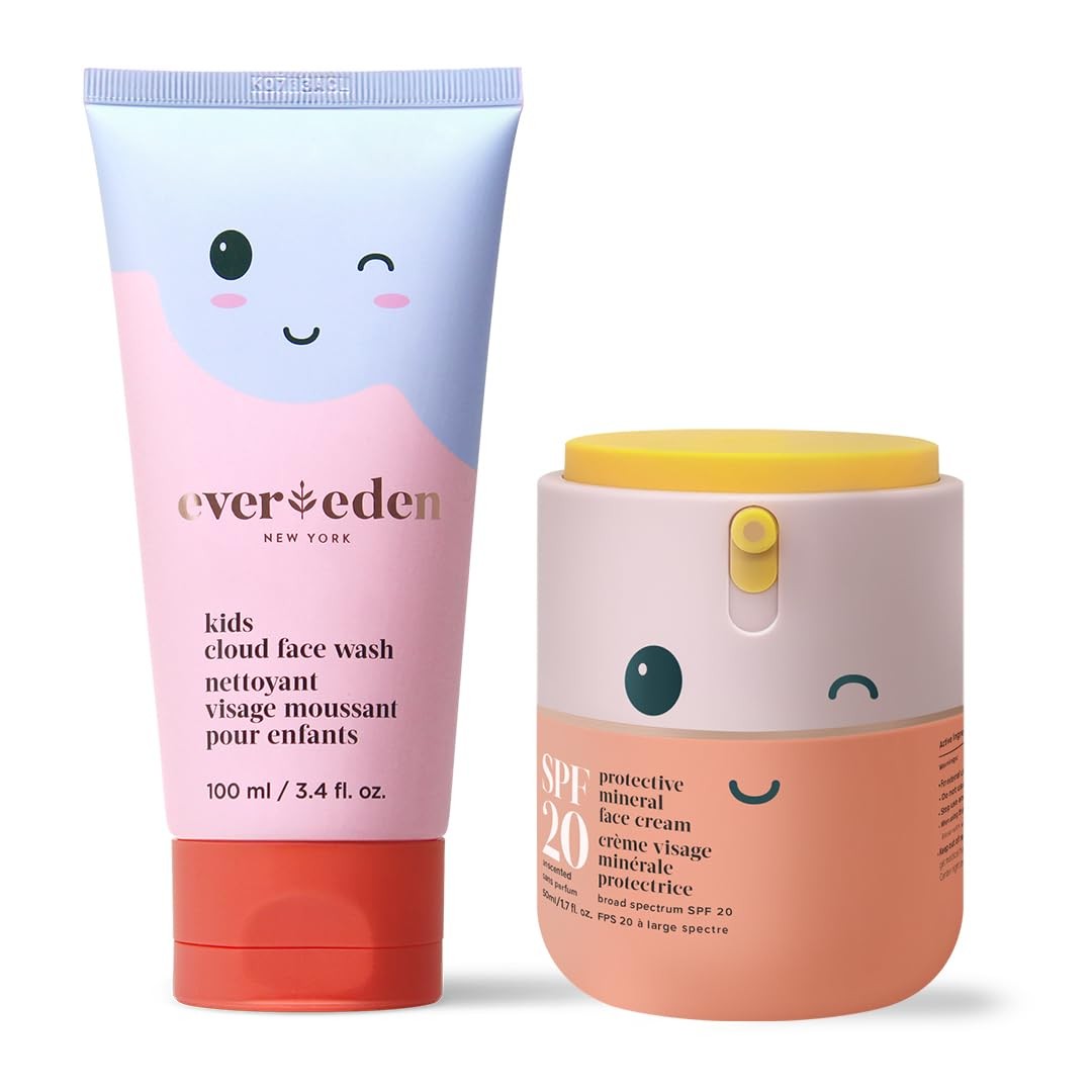 Kids Happy Morning DUO: Clean & Vegan Skin Care for Kids Bundle | Kids Skin Care Cloud Face Wash + SPF 20 Mineral Face Cream | Non-Toxic | Non-Comedogenic | Fun | Easy-to-Use Skincare for Kids